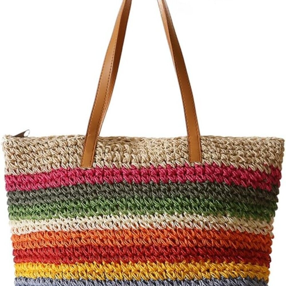 Rainbow Straw Bag for Women Beach Tote Handbag Large Capacity Summer Accessory